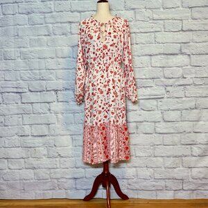 Grace Atwood Ivory Floral Print Ruffle Tie-Neck Midi Dress